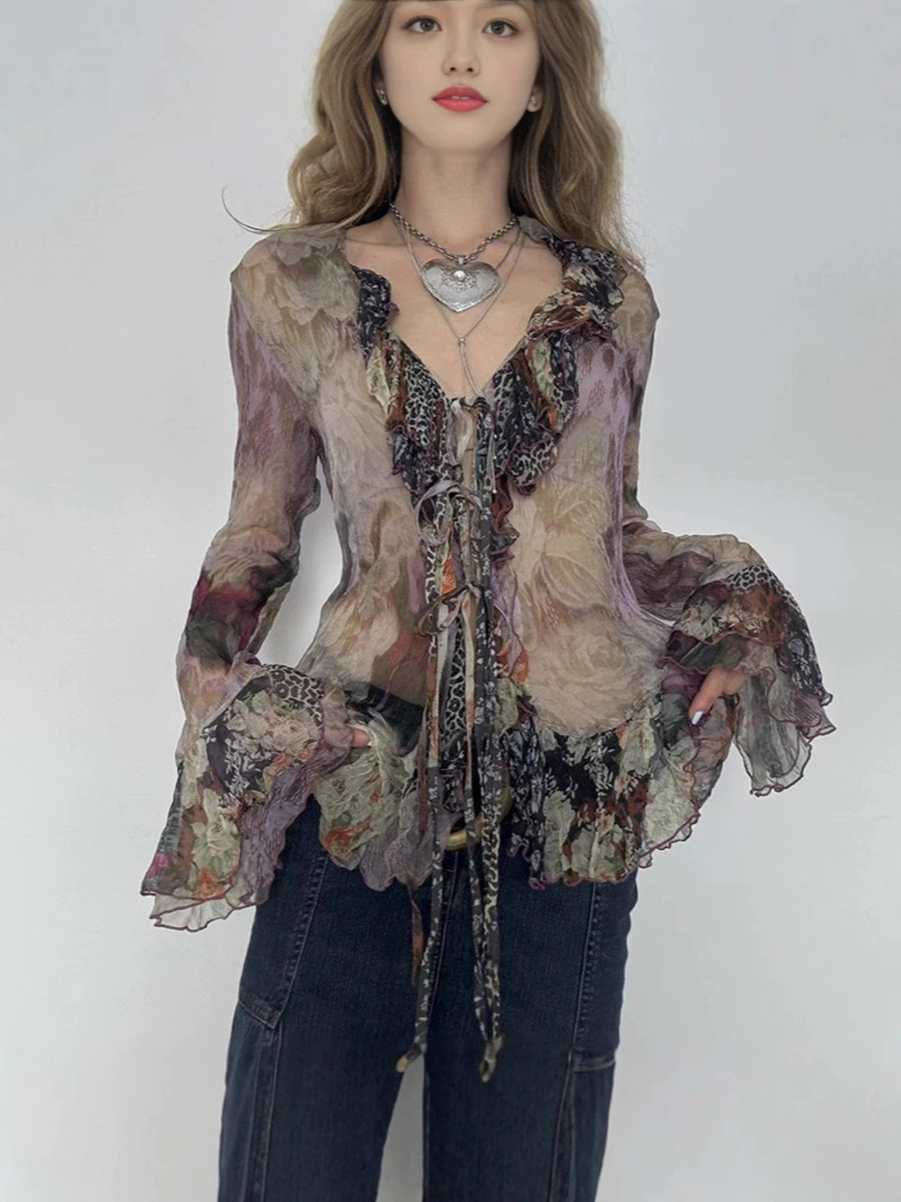 Zara Vintage Tie Dye Mesh Top Ruffled Hem Lace Up Flared Sleeves Slim Fit